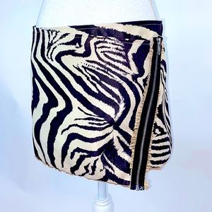 Faux suede zebra print asymmetrical A-line wrap style mini skirt